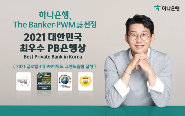 하나은행이 글로벌 금융전문매체 더 뱅커(the Banker)지와 PWM(Professional Wealth Management)지 공동 주최 ‘제13회 글로벌 PB 어워드(Global Private Banking Awards 2021)’에서 국가별 최고상인 ‘대한민국 최우수 PB은행상(Best Private Bank in Korea)’을 수상했다. 사진=하나은행.