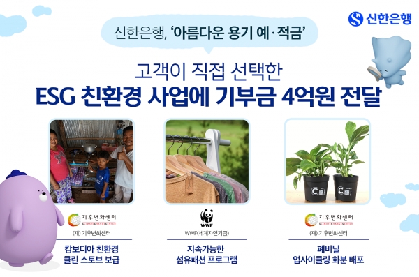신한은행이 7일 고객과 함께하는 ESG 금융상품 ‘아름다운 용기 예·적금’ 상품을 통해 조성한 기금 4억원을 기부했다. 사진=신한은행.